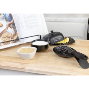 AuldHome Design Farmhouse Black Spoon Rest, Enamel Ceramic Spoon Holder in Vintage Style