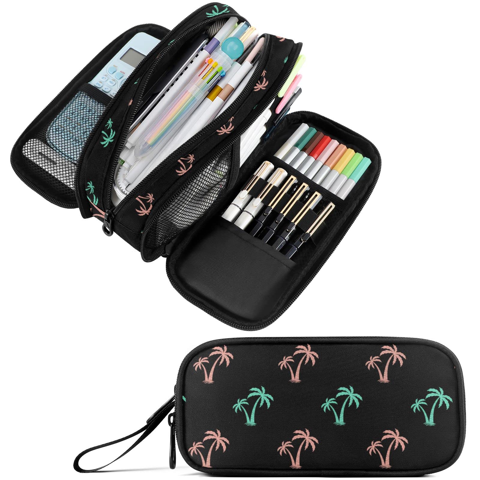 Fustylead Palm Trees Pencil Pen Case Stationery Bag, 3 Compartments School College Office Desk Organizer Storage Pouch Makeup Bag for Teen Boys Girls Students