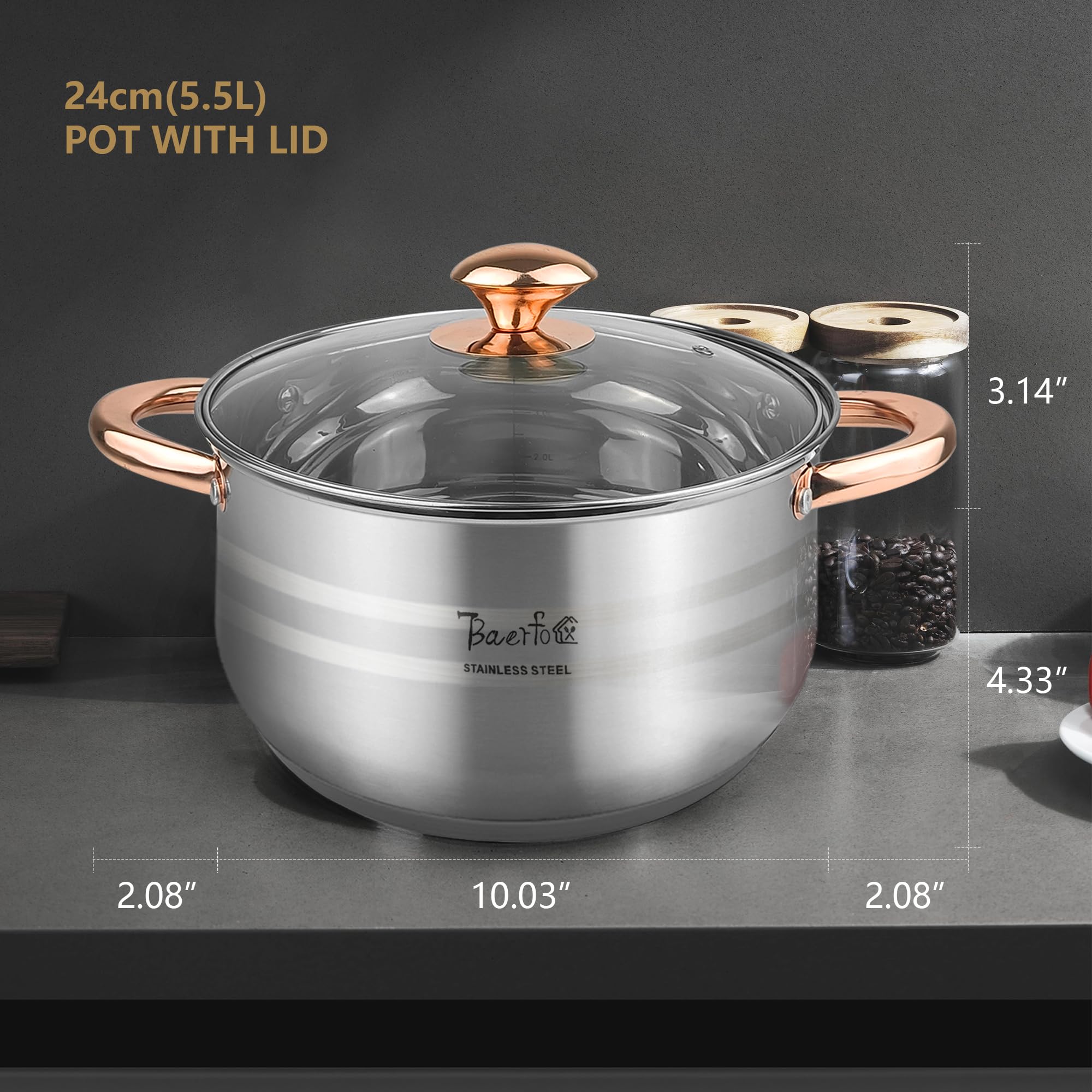 BAERFO 5 Quart Stock Pot, 18/8 Stainless Steel Stock Pot with Lid, 5 QT Healthy stainless steel pot, Induction, Oven,Gas and Dishwasher Safe soup Pot