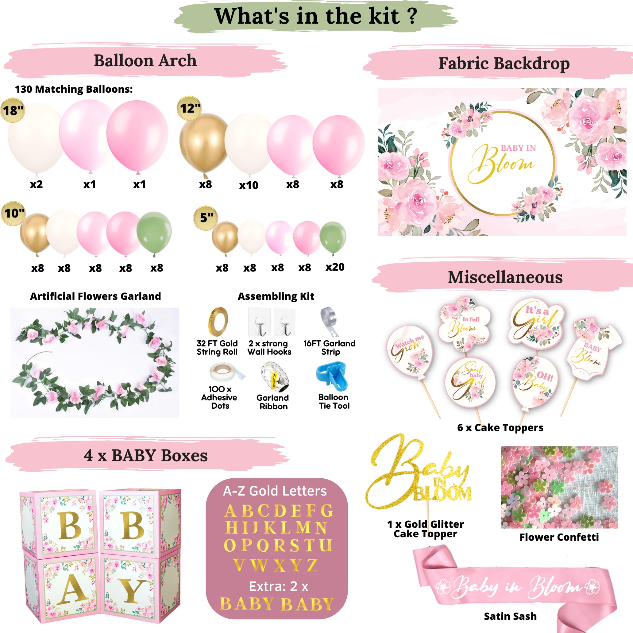 338 PC Baby in Bloom Baby Shower Decorations for Girl - Balloon Arch Garland & Baby Boxes with Letters, Backdrop, Cake topers, Sash and More - Floral Baby Shower Decorations Pink and Sage Green