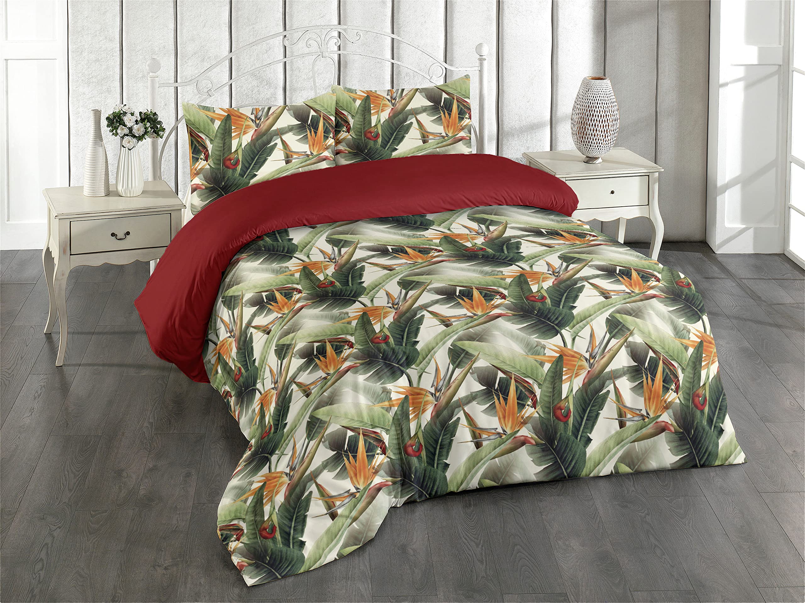 Ambesonne Exotic Duvet Cover Set, Bird of Paradise Flowers Tropical Design Pattern Vintage Hawaiian Style, Reversible 3 Piece Bedding Set with 2 Pillow Shams, Queen, Marigold Green