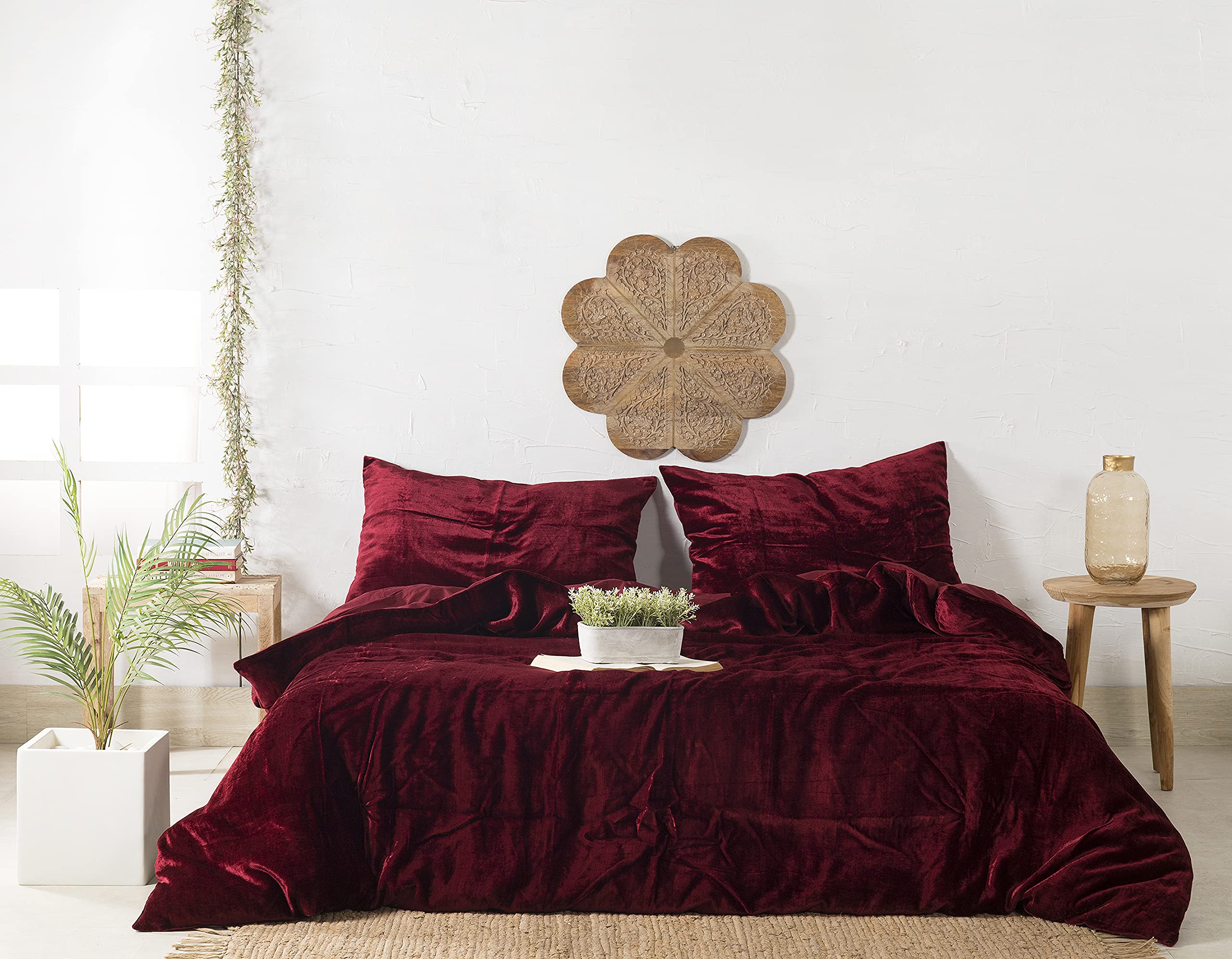 Madhu International Wine Red Velvet Duvet Cover - Made of Premium Rayon Velvet - Twin Size Duvet and Pillow Cover Set of 3 - Luxury Boho Bedding - UO Comforter Cover Quilt - 68 inches x 90 inch