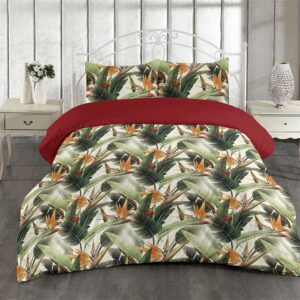 Ambesonne Exotic Duvet Cover Set, Bird of Paradise Flowers Tropical Design Pattern Vintage Hawaiian Style, Reversible 3 Piece Bedding Set with 2 Pillow Shams, Queen, Marigold Green