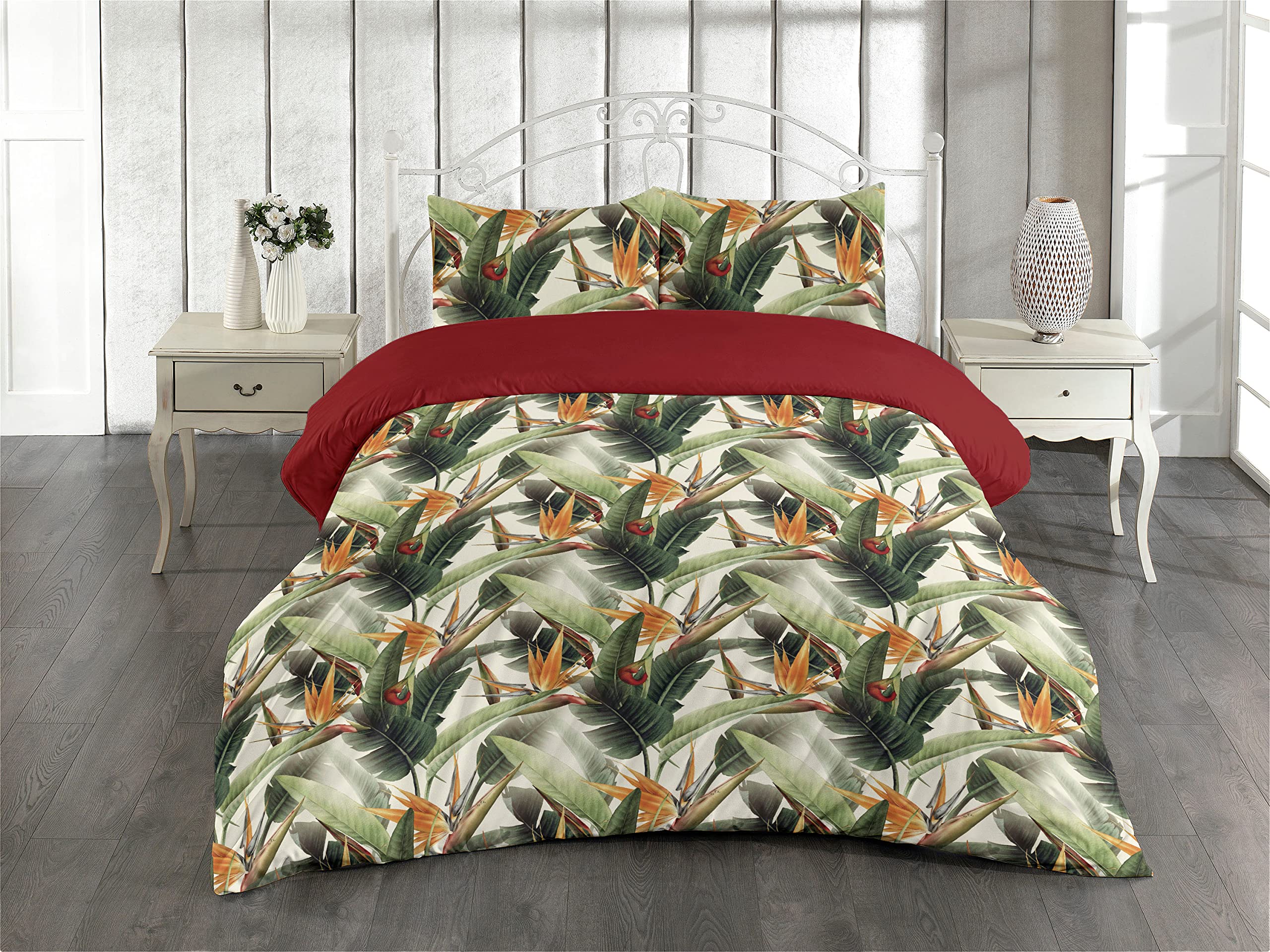 Ambesonne Exotic Duvet Cover Set, Bird of Paradise Flowers Tropical Design Pattern Vintage Hawaiian Style, Reversible 3 Piece Bedding Set with 2 Pillow Shams, Queen, Marigold Green