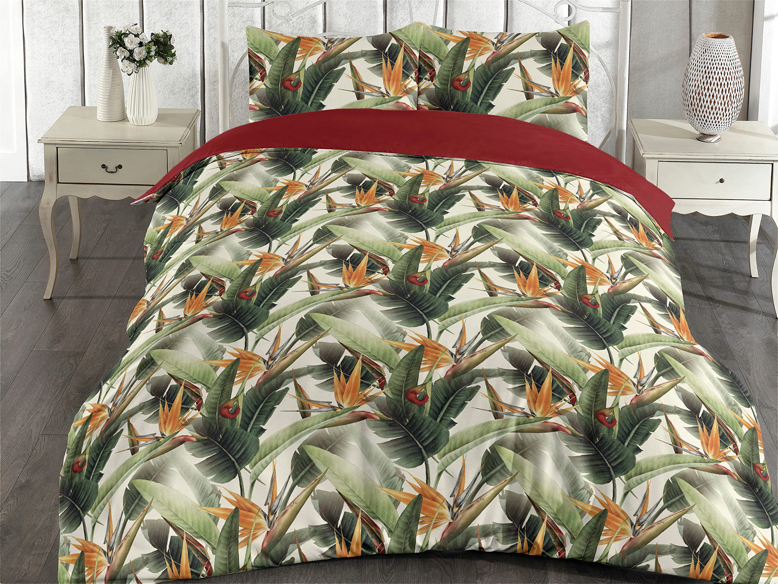 Ambesonne Exotic Duvet Cover Set, Bird of Paradise Flowers Tropical Design Pattern Vintage Hawaiian Style, Reversible 3 Piece Bedding Set with 2 Pillow Shams, Queen, Marigold Green