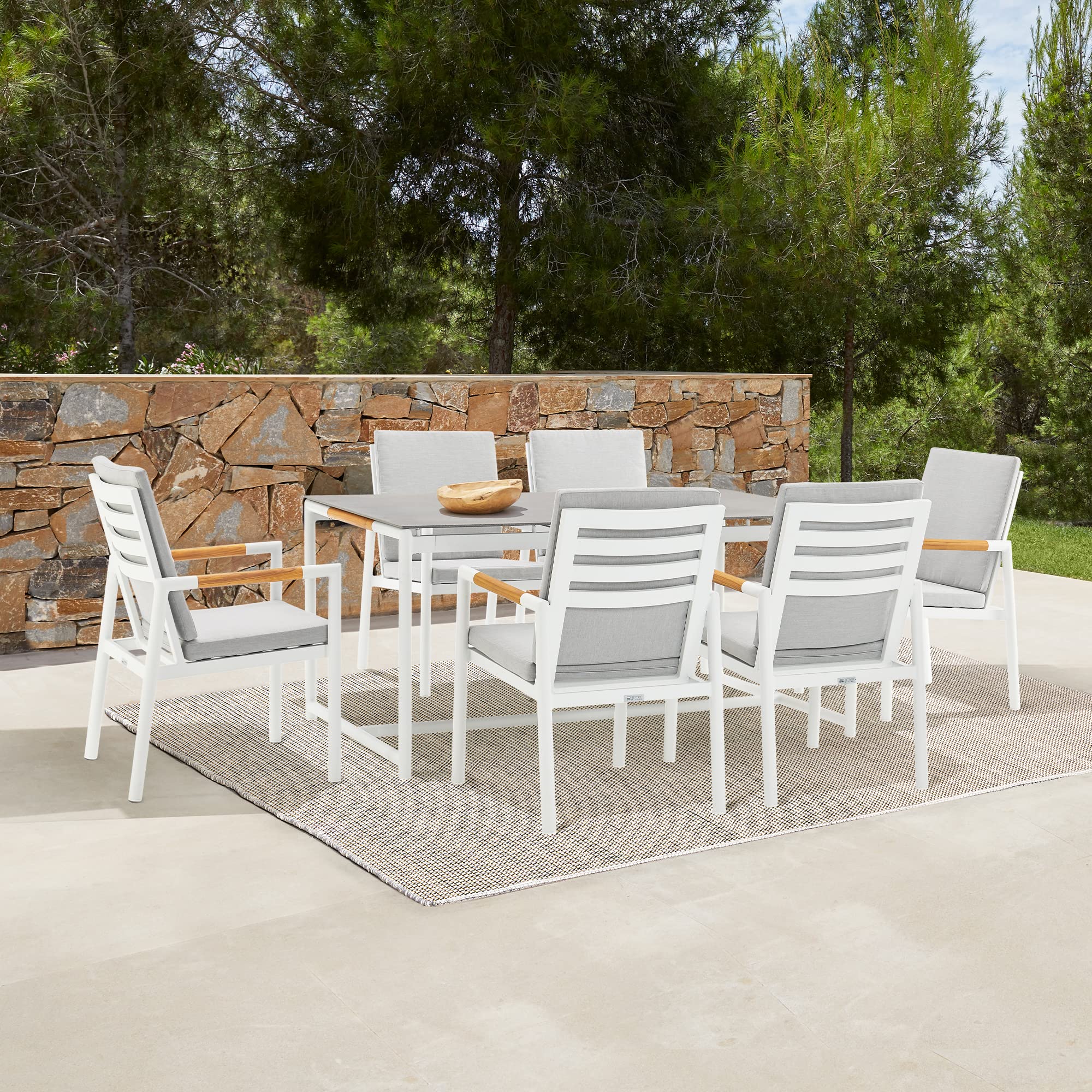 Armen Living Royal 7 Piece White Aluminum and Teak Outdoor Dining Set with Light Gray Fabric