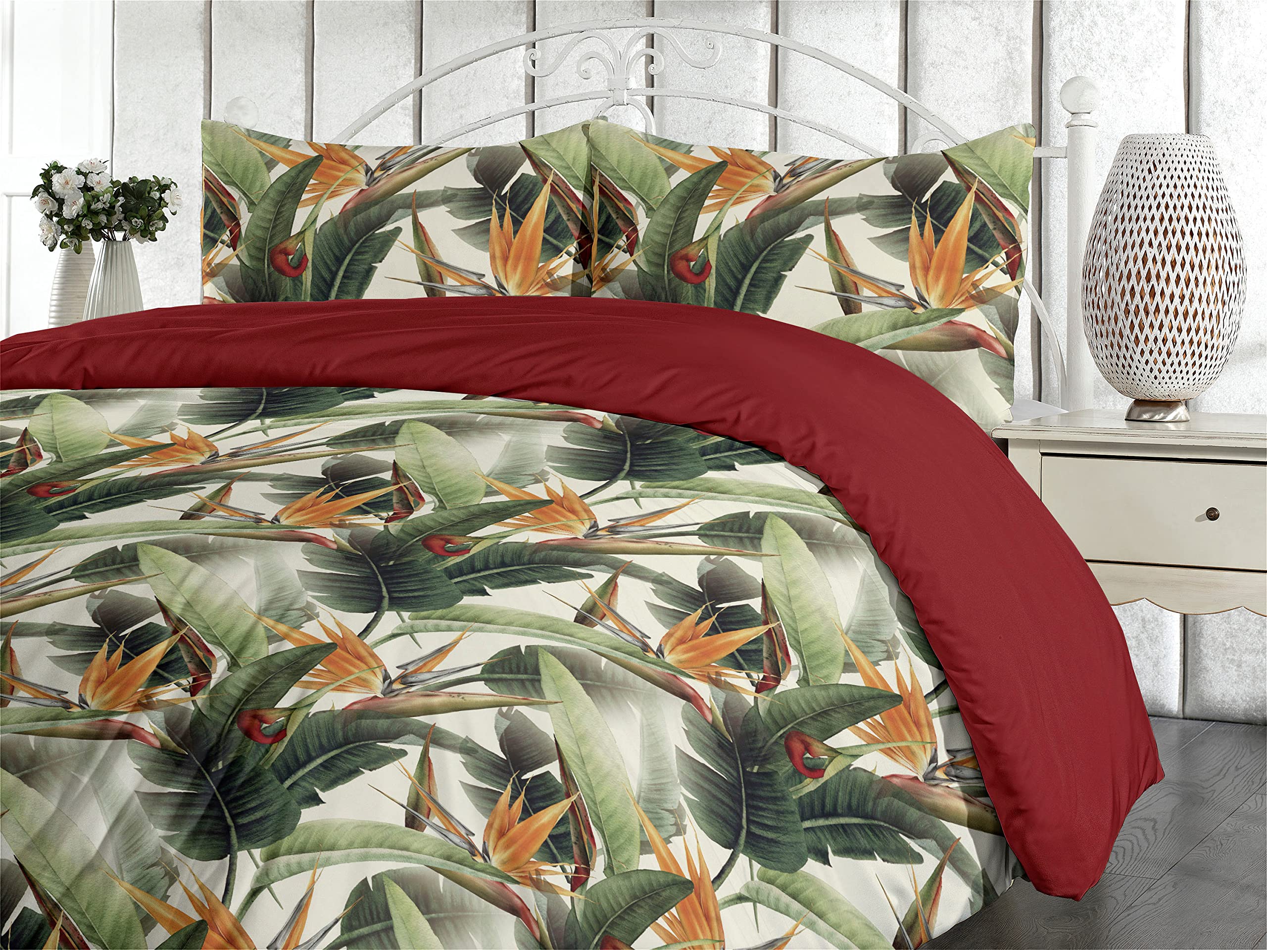 Ambesonne Exotic Duvet Cover Set, Bird of Paradise Flowers Tropical Design Pattern Vintage Hawaiian Style, Reversible 3 Piece Bedding Set with 2 Pillow Shams, Queen, Marigold Green