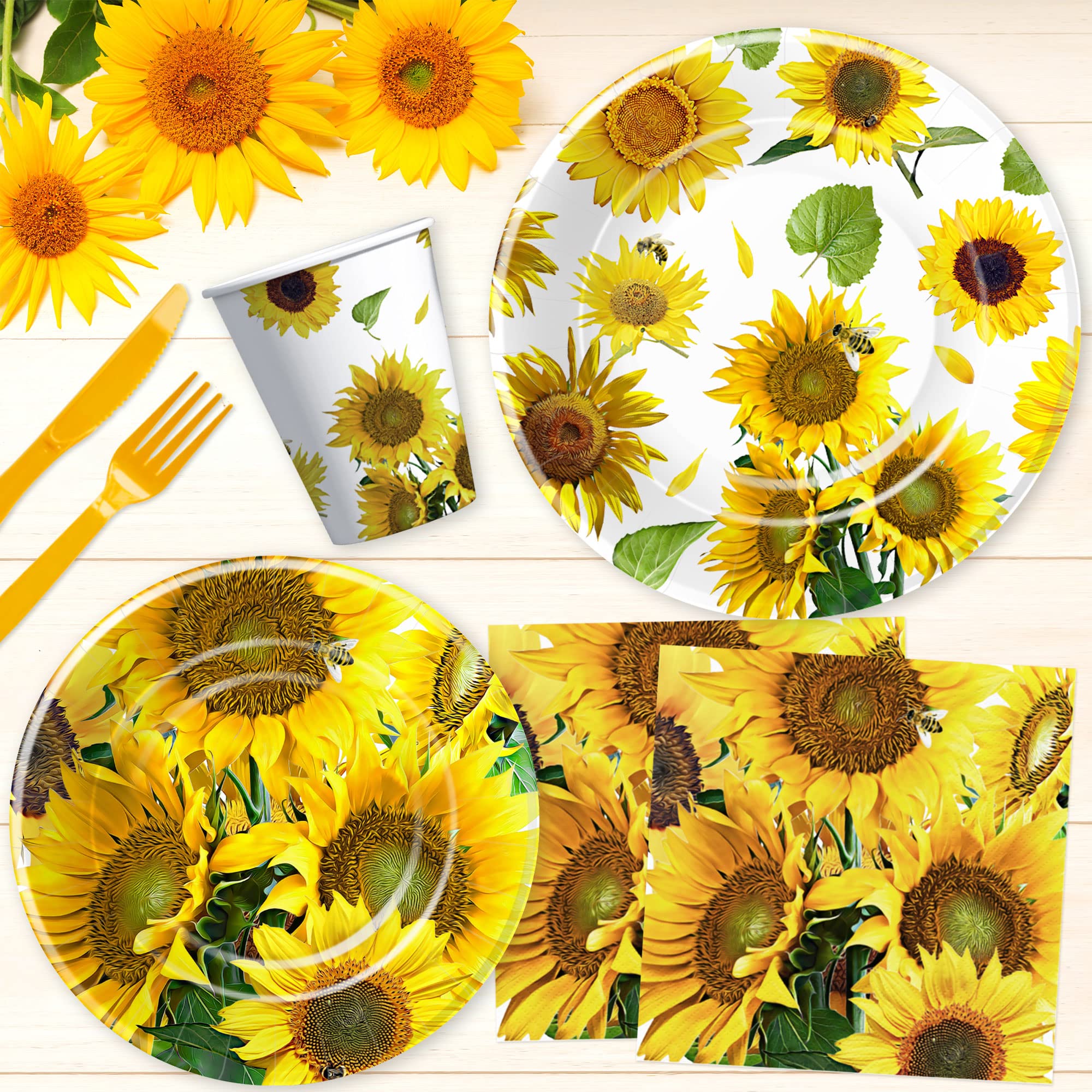 APOWBLS Sunflower Party Decorations Dinnerware, Sunflower Party Supplies For Birthday, Baby Shower, Bridal Shower, Plate, Cup, Napkin, Tablecloth, Cutlery, Straw, Sunflower Table Decorations, Serve 24