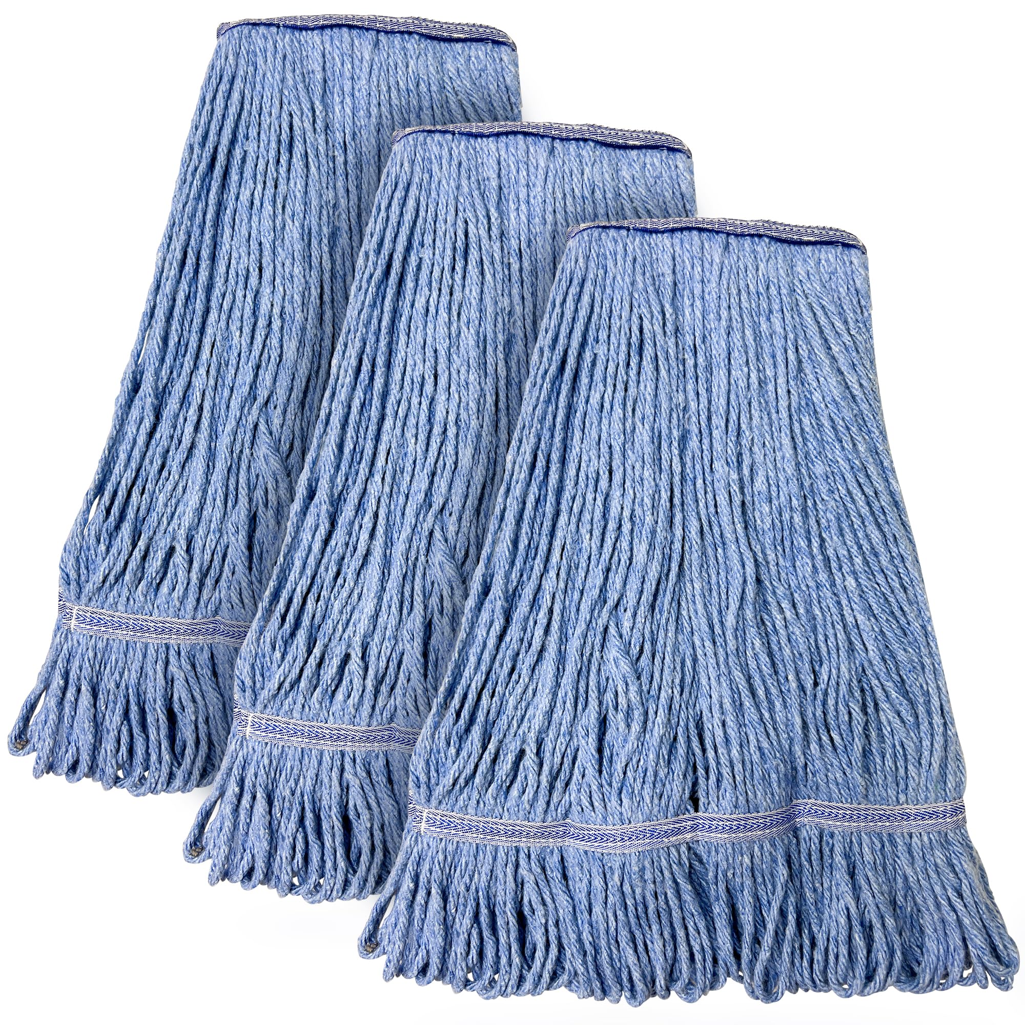 Innovative Haus 3 Pack Heavy Duty Blue Commercial Mop Head Replacement - Synthetic Cotton Blend Looped End String Mop Refill - Industrial Grade Cleaning Use Wet Mop Heads - Durable Universal Headband