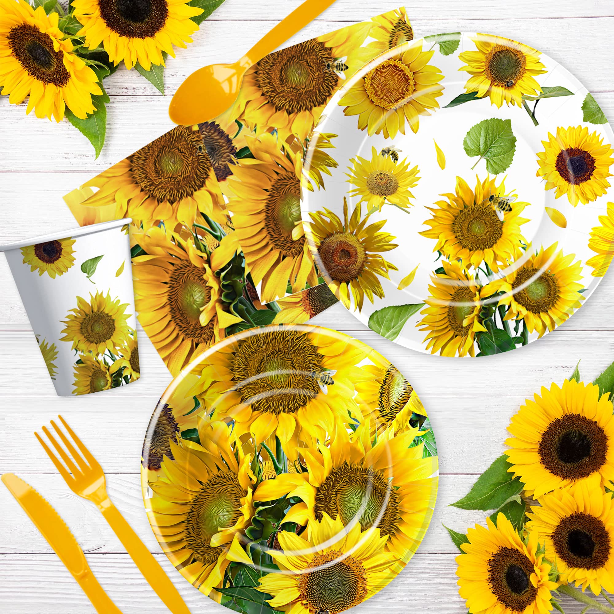 APOWBLS Sunflower Party Decorations Dinnerware, Sunflower Party Supplies For Birthday, Baby Shower, Bridal Shower, Plate, Cup, Napkin, Tablecloth, Cutlery, Straw, Sunflower Table Decorations, Serve 24