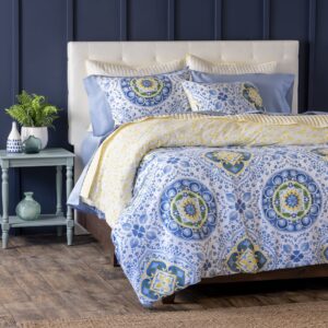 martha stewart aria duvet cover queen size, 3 piece set-1 duvet cover, 2 pillow shams, cotton-percale, soft, reversible, easy wash, all season 90"x92" with button closure, federal blue