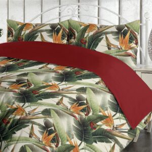 Ambesonne Exotic Duvet Cover Set, Bird of Paradise Flowers Tropical Design Pattern Vintage Hawaiian Style, Reversible 3 Piece Bedding Set with 2 Pillow Shams, Queen, Marigold Green