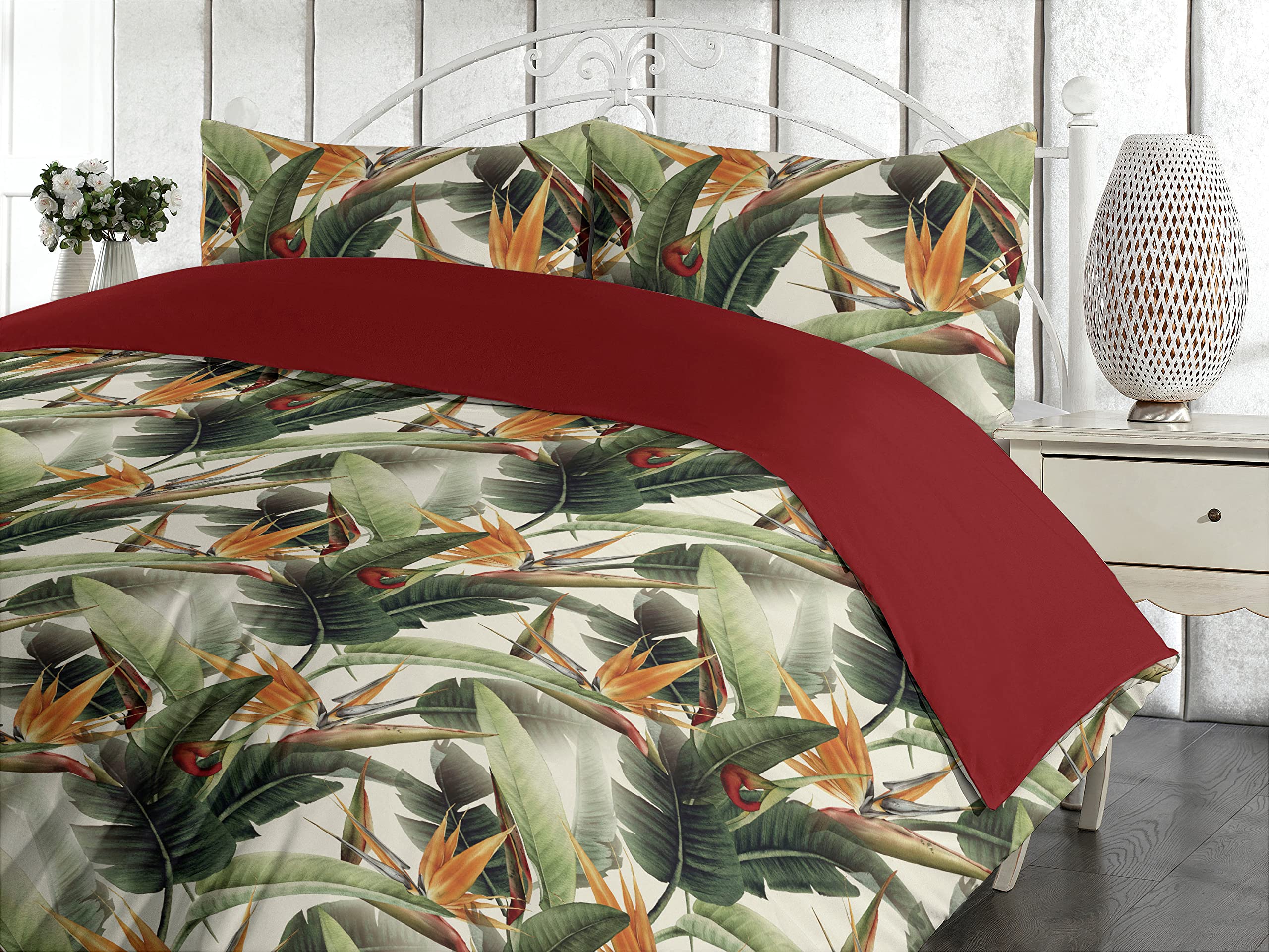 Ambesonne Exotic Duvet Cover Set, Bird of Paradise Flowers Tropical Design Pattern Vintage Hawaiian Style, Reversible 3 Piece Bedding Set with 2 Pillow Shams, Queen, Marigold Green