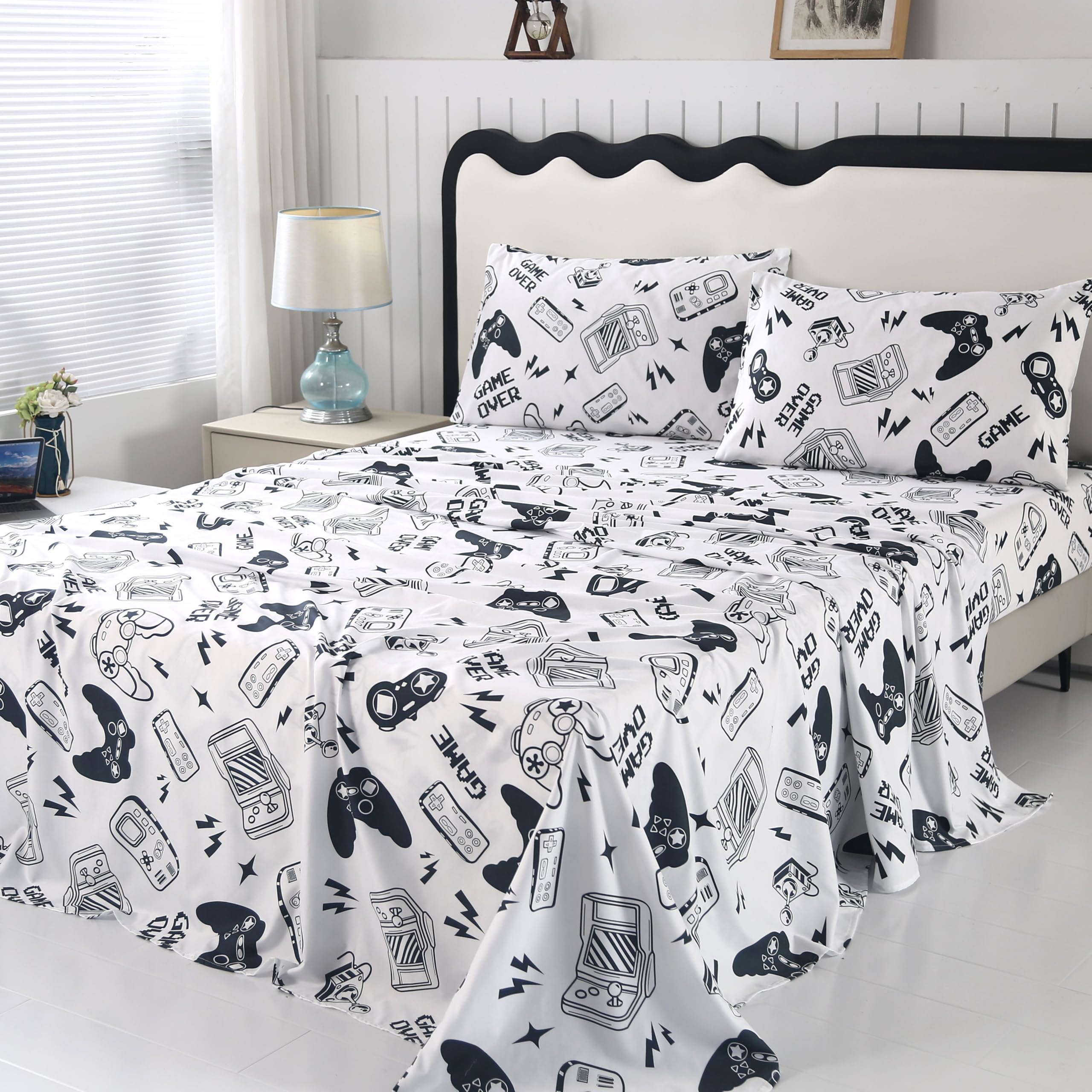 SDIII 4PCS Black and White Gamer Bedding Sheet Twin for Boys Girls Teens and Kids, Bed in a Bag Sheets Set Twin, Video Game Bed Sheet Set on Amazon, Twin