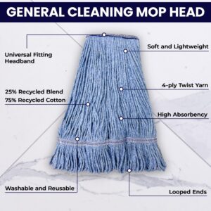 Innovative Haus 3 Pack Heavy Duty Blue Commercial Mop Head Replacement - Synthetic Cotton Blend Looped End String Mop Refill - Industrial Grade Cleaning Use Wet Mop Heads - Durable Universal Headband