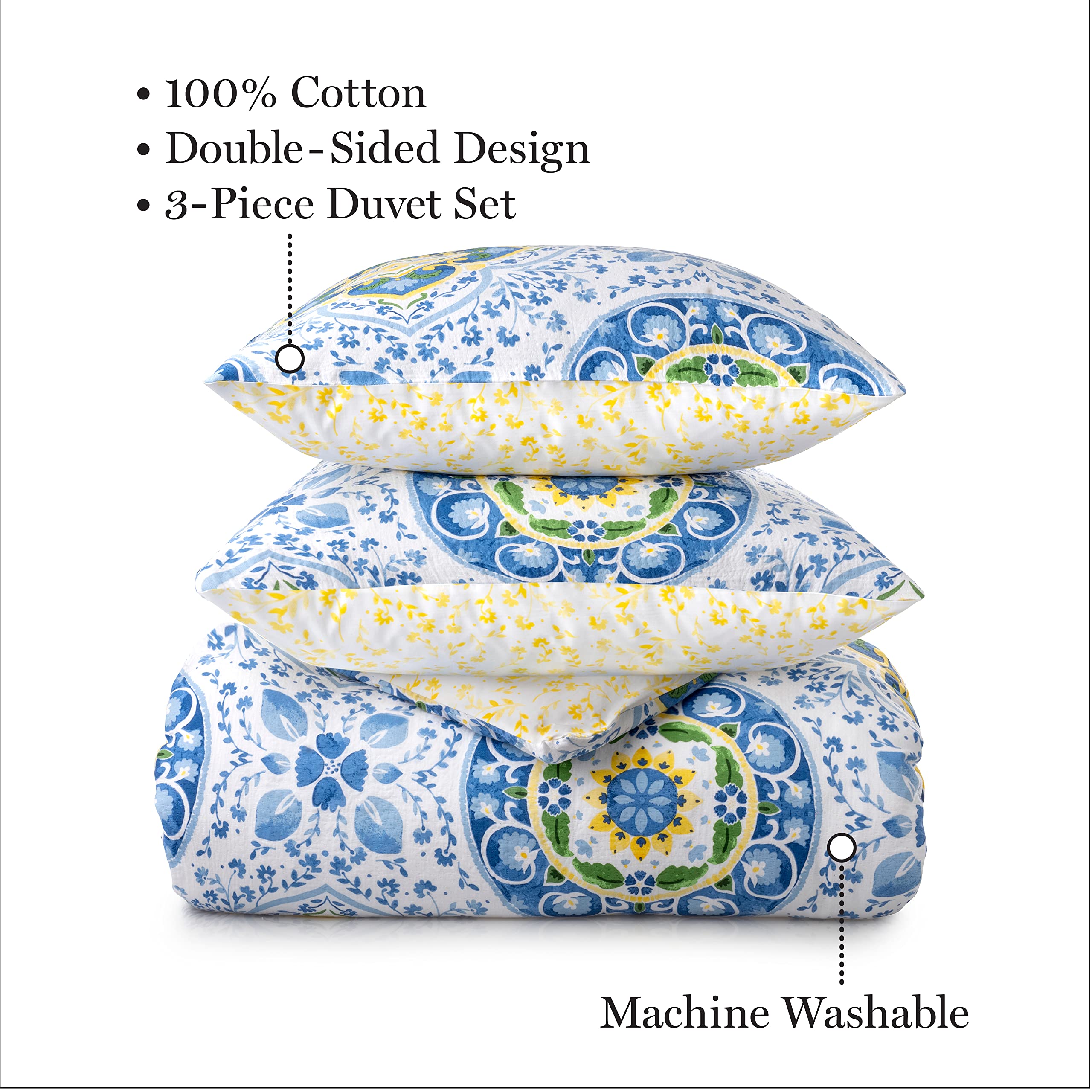 MARTHA STEWART Aria Duvet Cover Queen Size, 3 Piece Set-1 Duvet Cover, 2 Pillow Shams, Cotton-Percale, Soft, Reversible, Easy Wash, All Season 90"x92" with Button Closure, Federal Blue