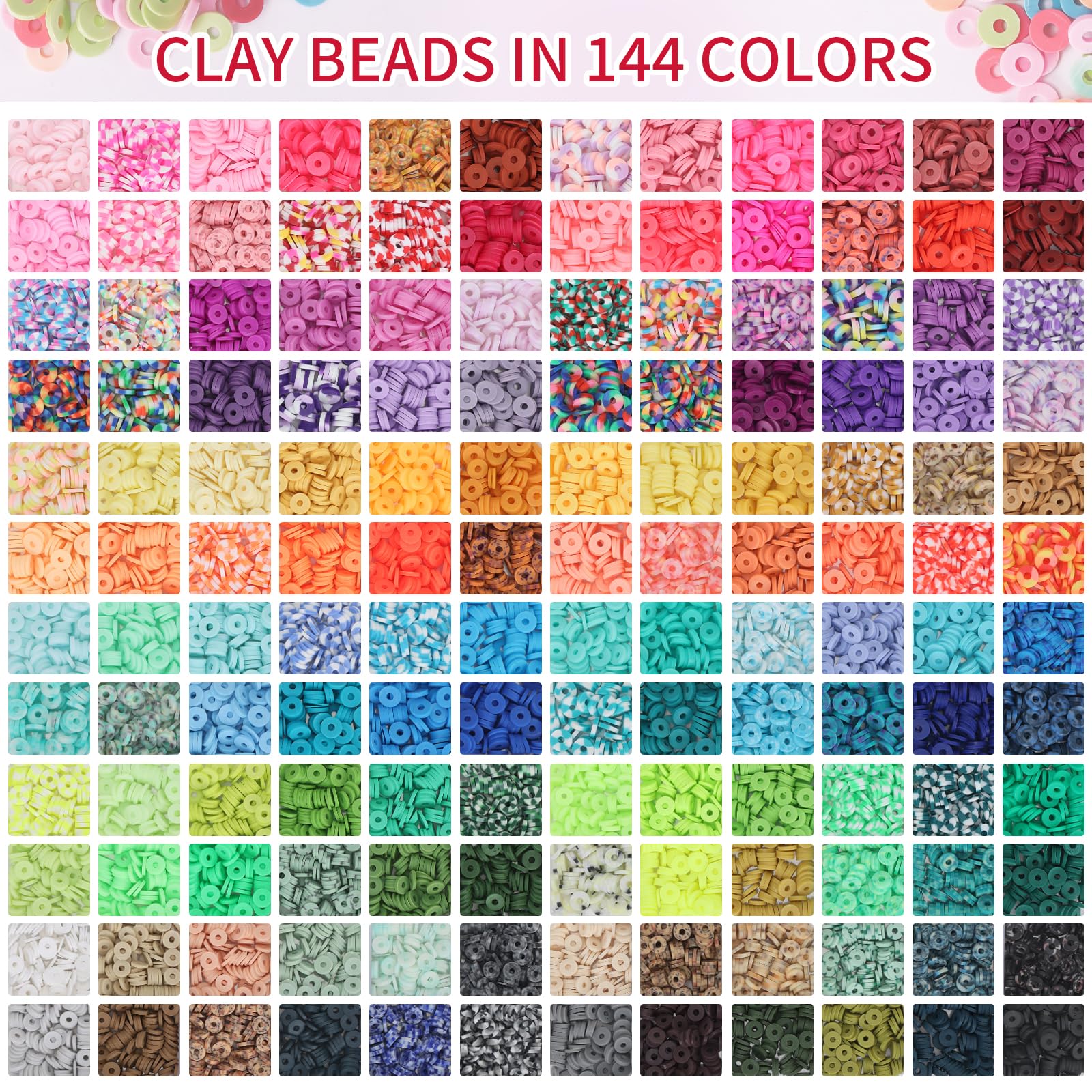 QUEFE 15000 Clay Beads Bracelet Making Kit, 144 Colors 6 Boxes Friendship Bracelet Charm Concert Bracelets Merch Flat Beads, Polymer Heishi Beads for Jewelry Making, for Crafts Christmas Gifts