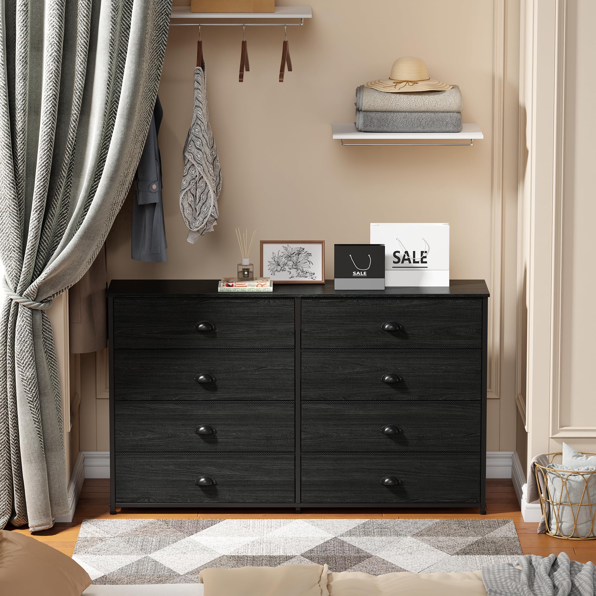 Furnulem Wide Dresser with 8 Fabric Drawers, TV Entertainment Center with Storage for 55'' TV, Large Chest of Drawers for Bedroom, Living Room, Dorm, Closet, Entryway, Wood Top (Black Oak)