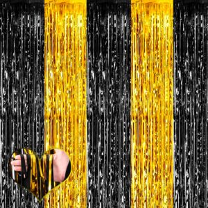 4 pack 3.2ft x 6.6ft black and gold fringe curtain backdrop, metallic tinsel foil fringe streamers curtains background for photo booth birthday wedding graduation carnival party decorations