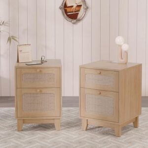 modern wicker rattan nightstand set of 2,rattan stand with drawer and charge station, wooden side table for small spaces, natural wood bedsidetable for bedroom,easy assembly(with charging station,2)