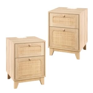 Modern Wicker Rattan Nightstand Set of 2,Rattan Stand with Drawer and Charge Station, Wooden Side Table for Small Spaces, Natural Wood BedsideTable for Bedroom,Easy Assembly(with Charging Station,2)