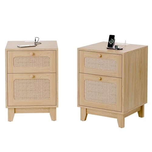 Modern Wicker Rattan Nightstand Set of 2,Rattan Stand with Drawer and Charge Station, Wooden Side Table for Small Spaces, Natural Wood BedsideTable for Bedroom,Easy Assembly(with Charging Station,2)