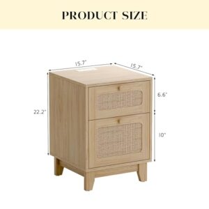 Modern Wicker Rattan Nightstand Set of 2,Rattan Stand with Drawer and Charge Station, Wooden Side Table for Small Spaces, Natural Wood BedsideTable for Bedroom,Easy Assembly(with Charging Station,2)