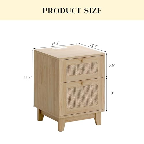 Modern Wicker Rattan Nightstand Set of 2,Rattan Stand with Drawer and Charge Station, Wooden Side Table for Small Spaces, Natural Wood BedsideTable for Bedroom,Easy Assembly(with Charging Station,2)