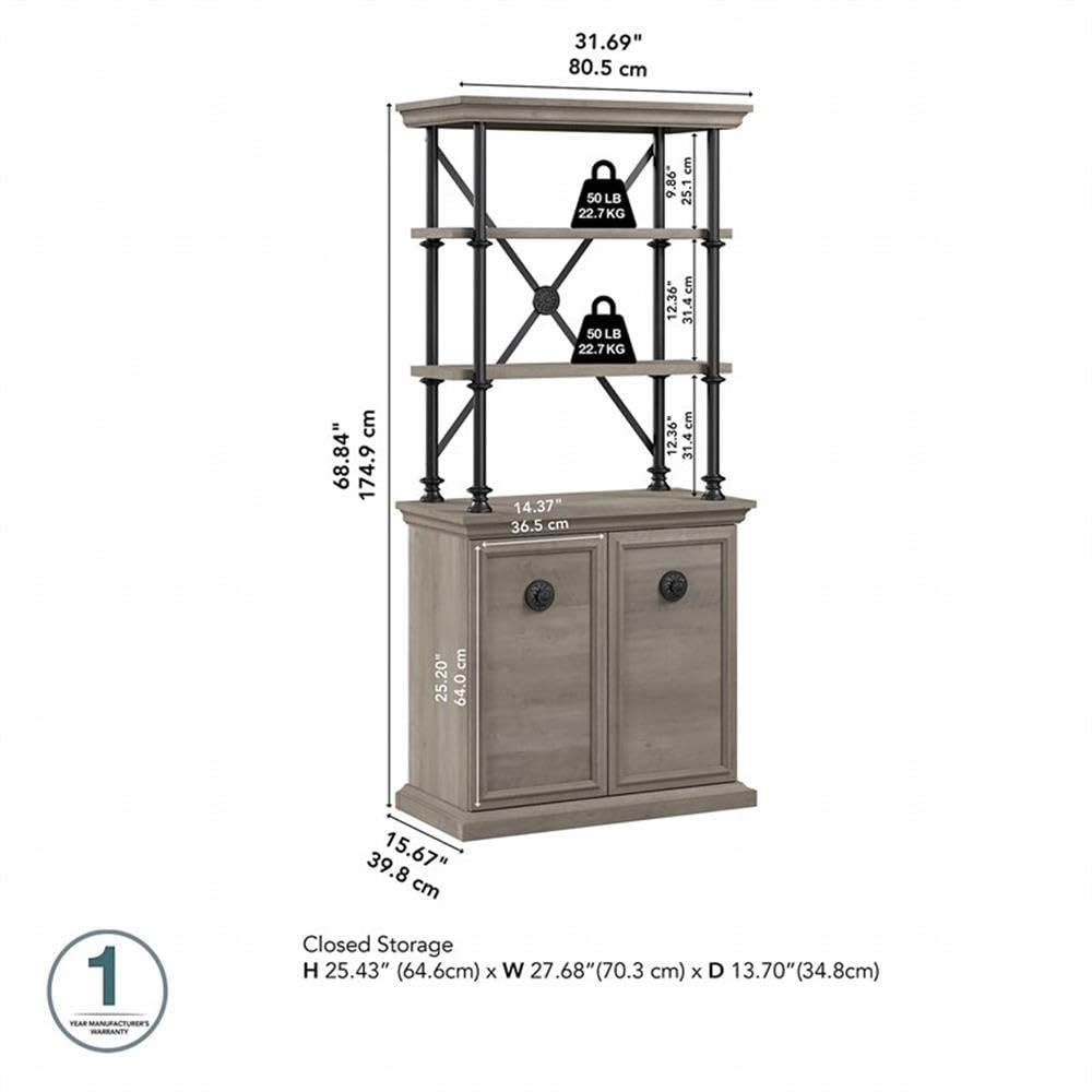 Bush Furniture Coliseum Designer Bookcase with Doors in Driftwood Gray