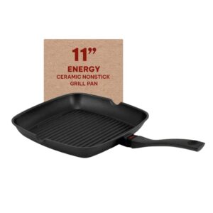 alva energy ceramic coated cast aluminum grill pan non toxic indoor grill griddle 11" pfas, pfoa & pfte free, griddle for cooking pan set, induction safe, add to your pots and pans set cookware