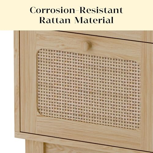 Modern Wicker Rattan Nightstand Set of 2,Rattan Stand with Drawer and Charge Station, Wooden Side Table for Small Spaces, Natural Wood BedsideTable for Bedroom,Easy Assembly(with Charging Station,2)