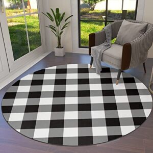 lifemusion black and white checkered round area rugs, farmhouse buffalo plaid non-skid children playing mat, 3ft soft circle farmhouse rugs for living room, bedroom, dining room