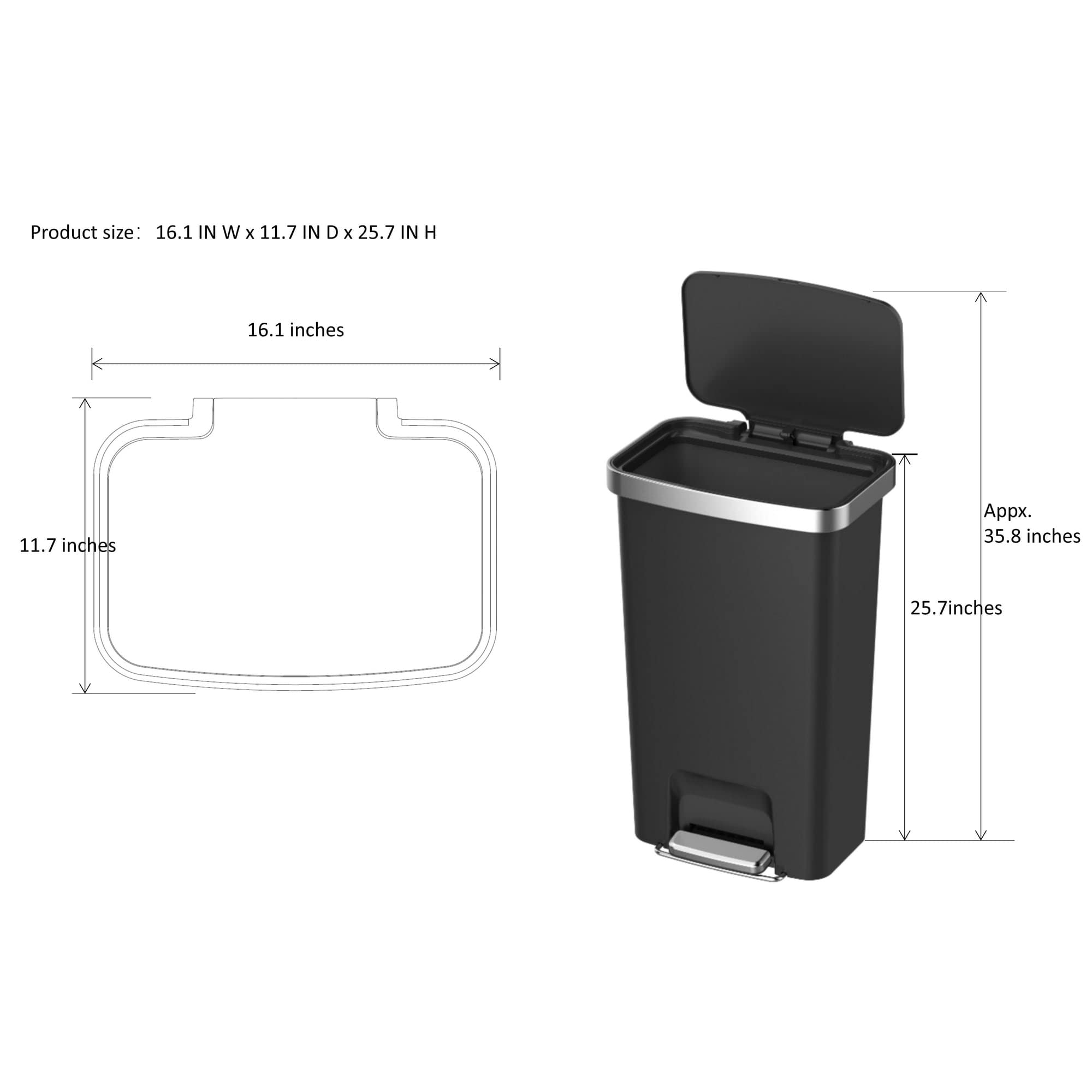 Black Plastic Trash Can, 11.9-gallon Kitchen Step Trash Can, Garbage Container Bin, Wastebasket, Plastic Kitchen Waste Bin with Lid, Garbage Container Bin, Bathroom Step Trash Can for Home and Kitchen