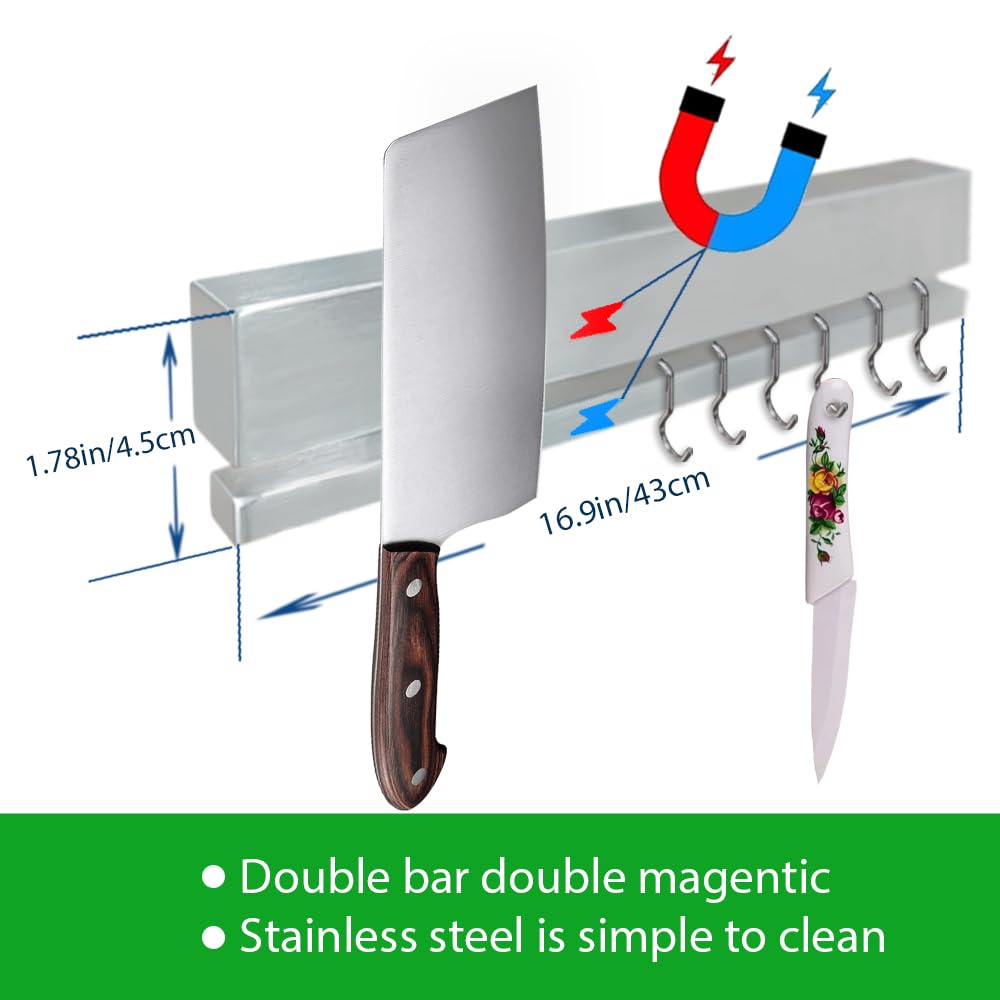 YIIYIIN 17" Premium 304 Stainless Steel Double-Sided Magnetic Knife Holder for Wall or Fridge -with Adhesive Strip, No Drill - 12 Hooks Included for Kitchen Utensils