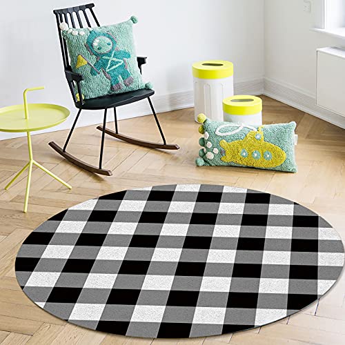 LIFEMUSION Black and White Checkered Round Area Rugs, Farmhouse Buffalo Plaid Non-Skid Children Playing Mat, 3ft Soft Circle Farmhouse Rugs for Living Room, Bedroom, Dining Room