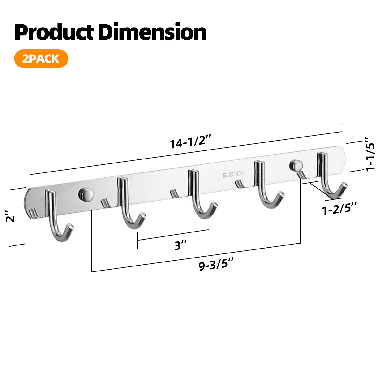 TooCust 2 Pack Thickened 304 Stainless Steel Wall Coat Rack - Heavy Duty Coat Rack Wall Mounted, Modern Wall Coat Rack with Hooks, Durable Wall Hangers,Jacket Hooks,Towel Hook Rack, Silver