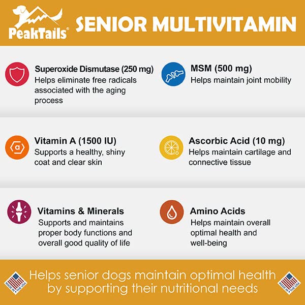 Kala Health PeakTails Senior Multivitamin for Dogs, Hip and Joint Support, Healthy Skin, Shiny Coat, Contains antioxidants and 18 Essential Amino acids and 19 Vitamins and Minerals, 150 Count