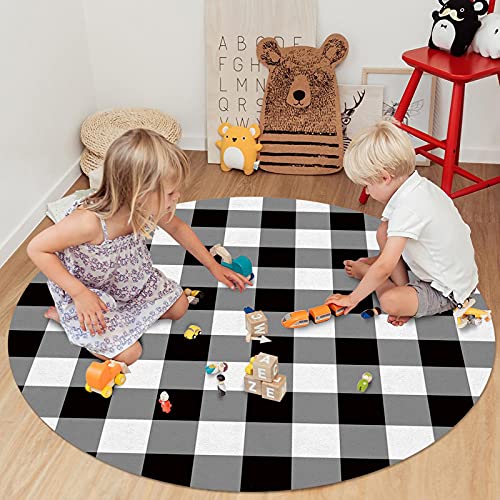 LIFEMUSION Black and White Checkered Round Area Rugs, Farmhouse Buffalo Plaid Non-Skid Children Playing Mat, 3ft Soft Circle Farmhouse Rugs for Living Room, Bedroom, Dining Room