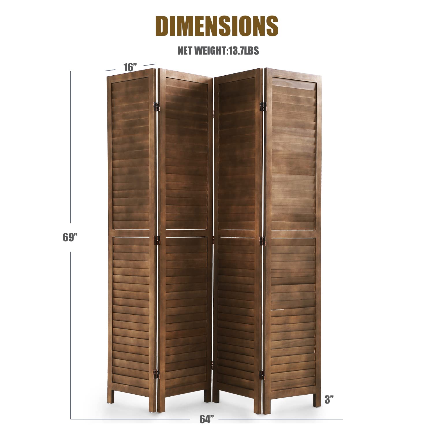 Room Divider 4 Panels, 5.75FT Wooden Room Divider Wall Folding Privacy Screens Freestanding Partition for Home Office Bedroom