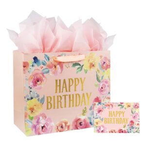 13" large happy birthday gift bag with card and tissue papers for women girls floral design with handles