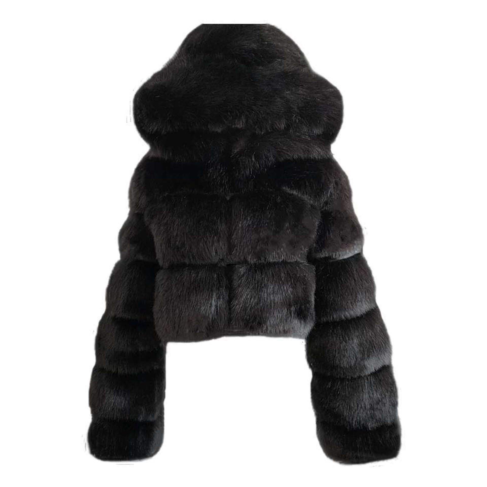 PLAZRU Short Faux Fur Coat for Women Zipper Up Hooded Shaggy Warm Elegant Long Sleeve Winter Fashion Cropped Furry Jacket