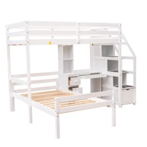 Harper & Bright Designs Twin Size Loft Bed with Stairs, Wood Twin Storage Loft Bed with Desk,Shelves and Drawers,Loft Bed Twin with a Removable Bottom Bed for Kids Girls Boys, White