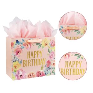 13" Large Happy Birthday Gift Bag with Card and Tissue Papers for Women Girls Floral Design with Handles