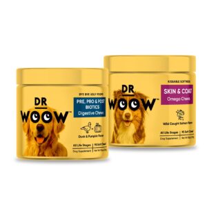 dr woow pre, pro, postbiotic+ salmon skinhealth soft chew supplement bundle - dog vitamins, zinc, biotin, probiotics, omega 3 fish oil, and wild alaskan salmon oil, cure itchy skin