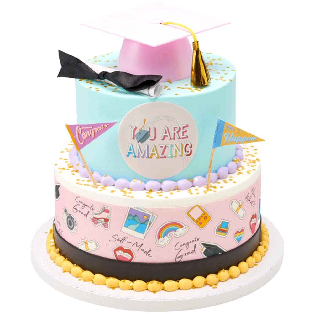 Pink Graduation Mortarboard Square Cap Hat Cake Topper Layon, size 4 inch