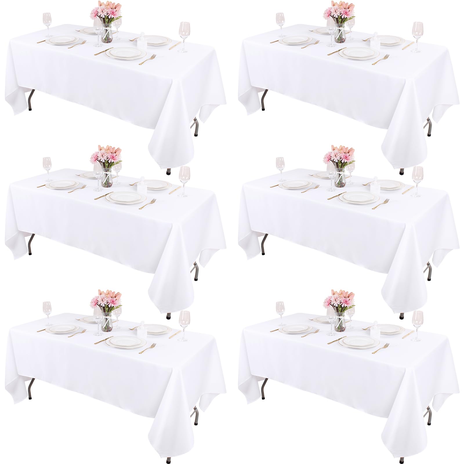 Kesfey 6 Packs White Table Cloths Rectangle 60 x102 inch High Density Washable Polyester Fabric White Tablecloths for 6 Foot Tables Rectangle Wrinkle Resistant Tablecloth for Parties Wedding Banquet