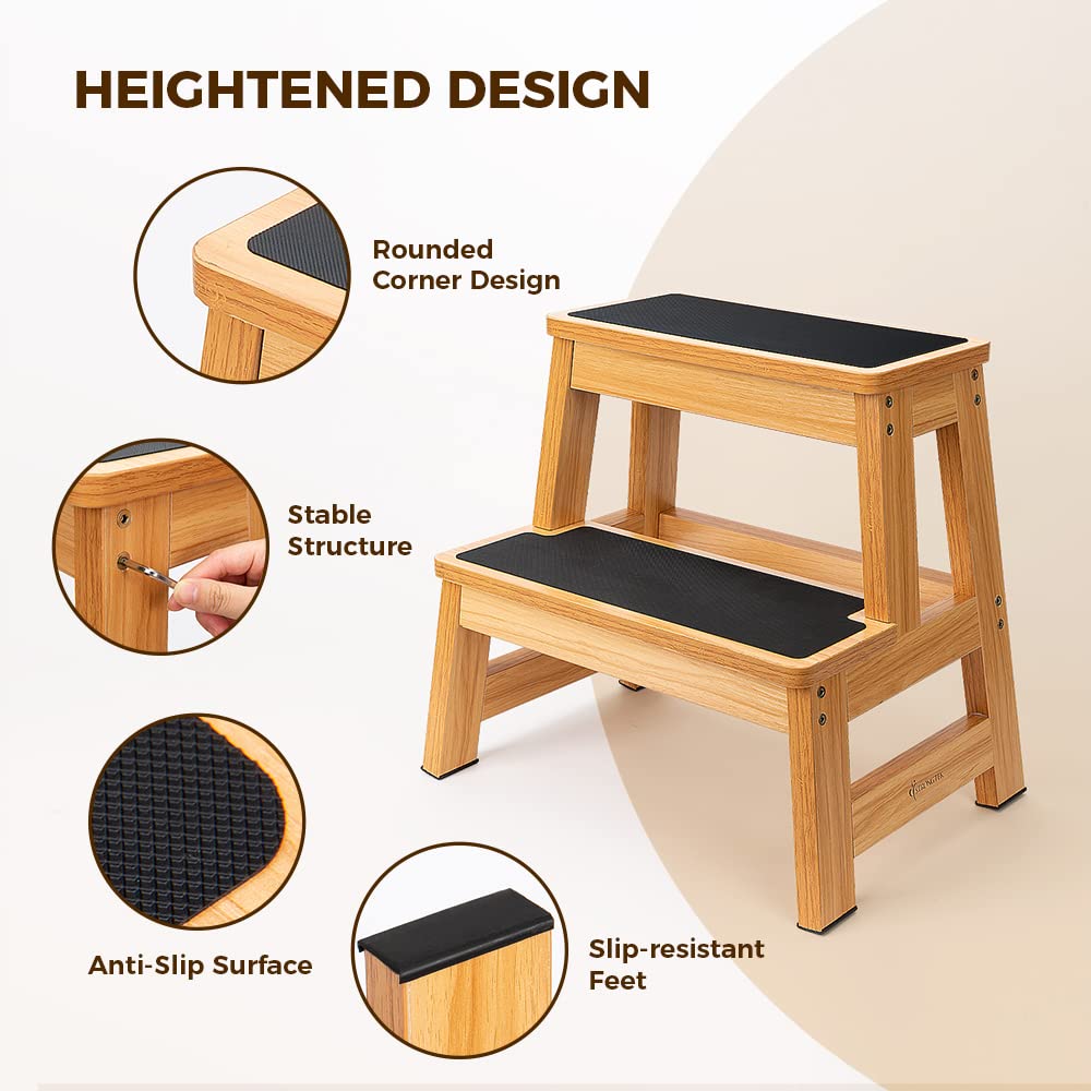 StrongTek 17 Inch Tall Wooden Two Step Stool for Adults & Kids, Versatile as Kitchen Step Stool, Bedside Step Stool, Closet Step Stool, Anti-Slip Surface for Safety & Stability, 500lbs Capacity