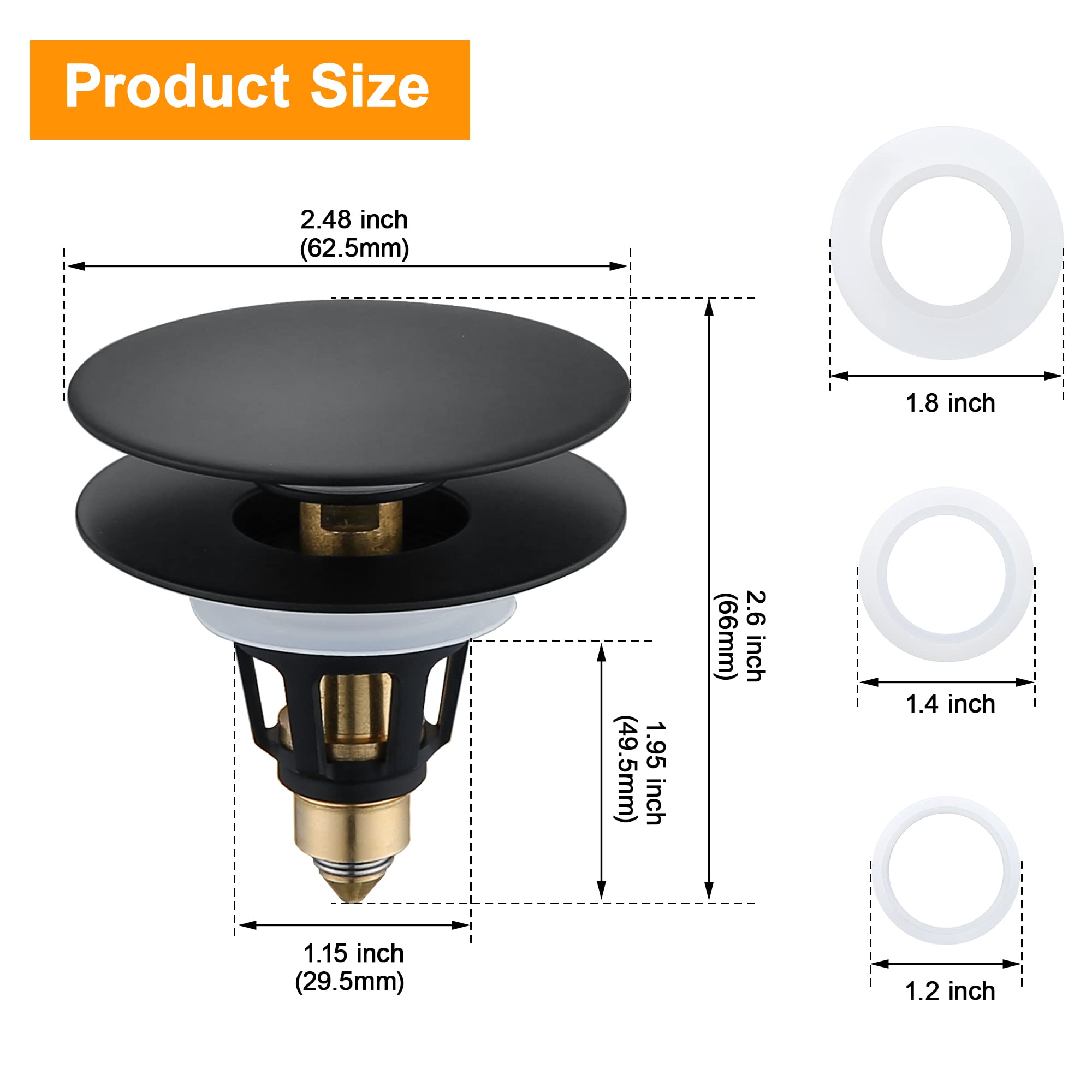 Universal Bathroom Sink Drain Stopper - 1.1~1.5" Pop Up Drain Stopper, Anti-Clogging Bounce Basin Filter with Hair Catcher, Stainless Steel Sink Drain Strainer (Matte Black)