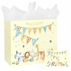 13" large baby boy girl gift bag for baby shower with tissue paper and greeting card (yellow)