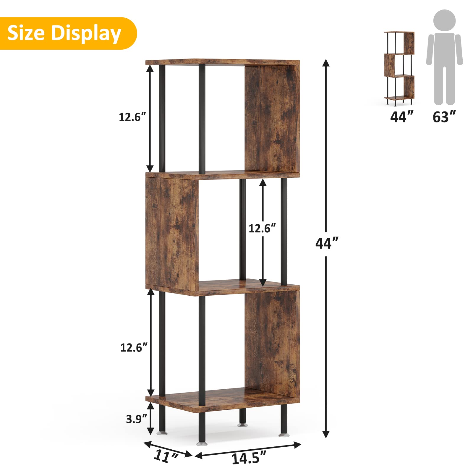 Hosfais 4 Tier Modern Bookshelf, S-Shaped Bookcase,Small Book Shelf for Small Spaces, Unique Bookshelf for Storage Organizer Living Room Bedroom Home Office, Brown